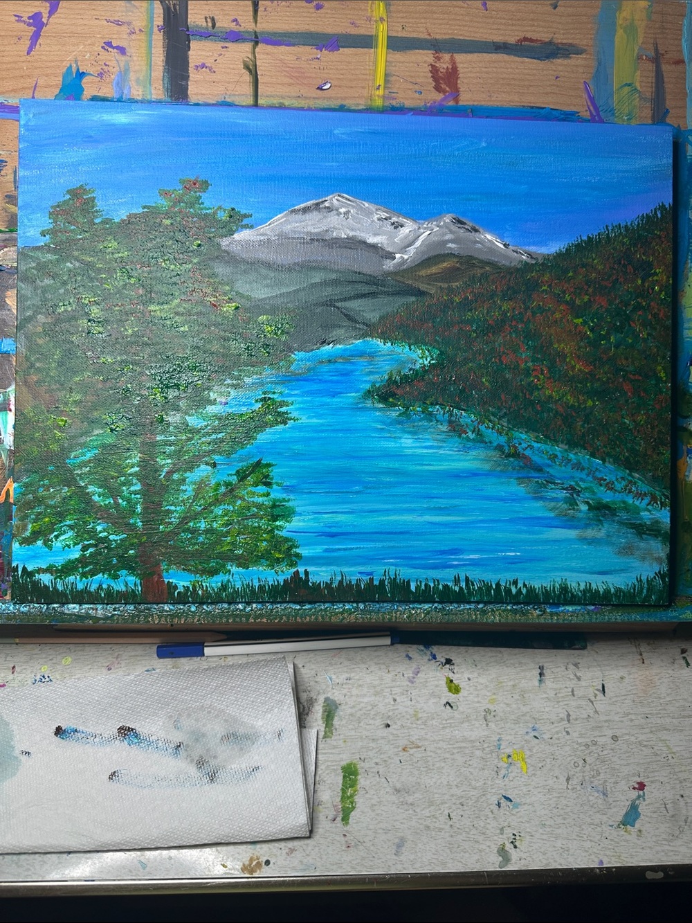 Hand-Painted Landscape Canvas Art - Blue Mountain River Scene
